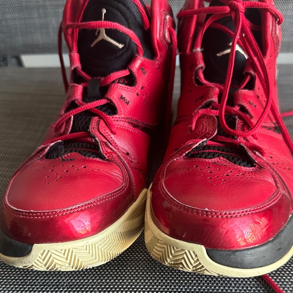 Classic Air Jordan High-Top Glossy Red and Black Accent Sneakers